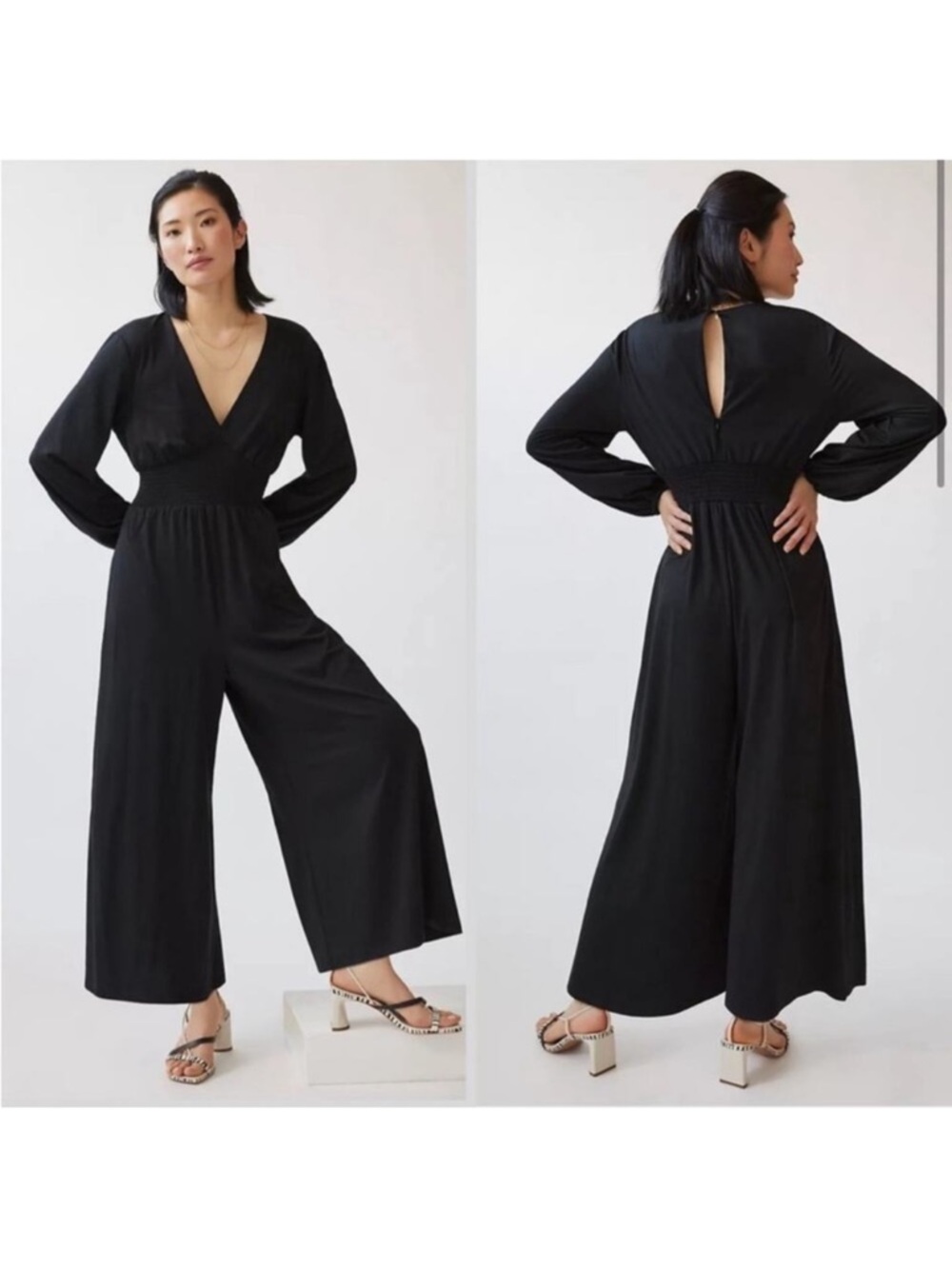 Anthropologie Black V-Neck Long-Sleeve Wide-Leg Jumpsuit
